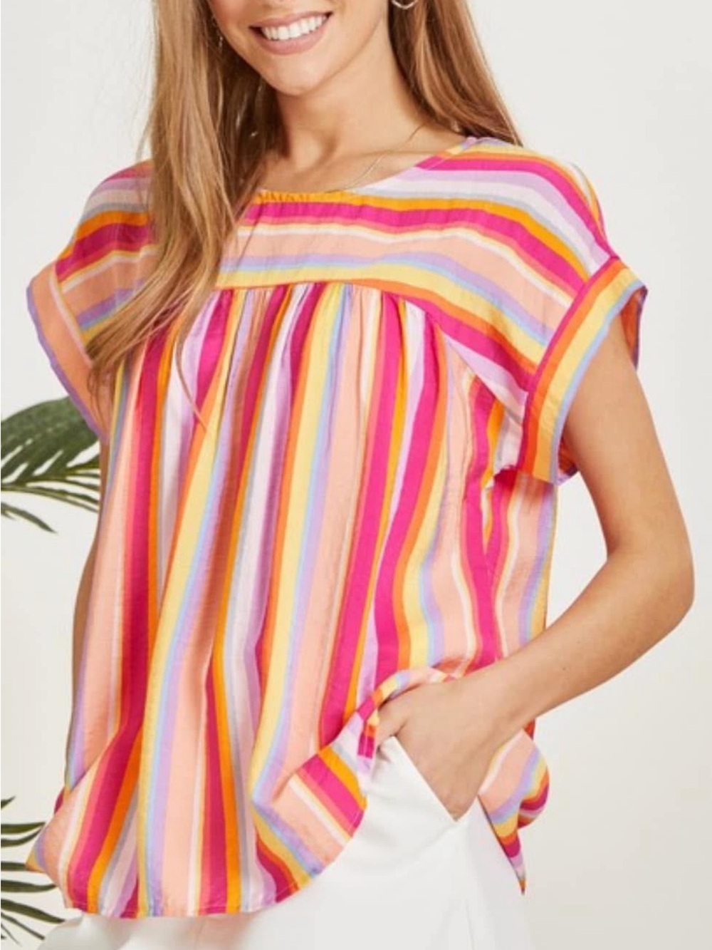 Emily Wonder Striped Babydoll Top Size L Boho Vibrant Summer Short Sleeve Cool